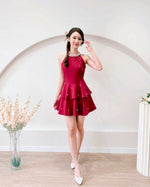 Pearl Design Halter Mini Dress WHITE/ MAROON (SM)