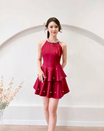 Pearl Design Halter Mini Dress WHITE/ MAROON (SM)