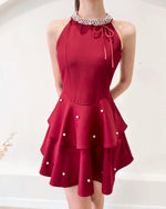 Pearl Design Halter Mini Dress WHITE/ MAROON (SM)