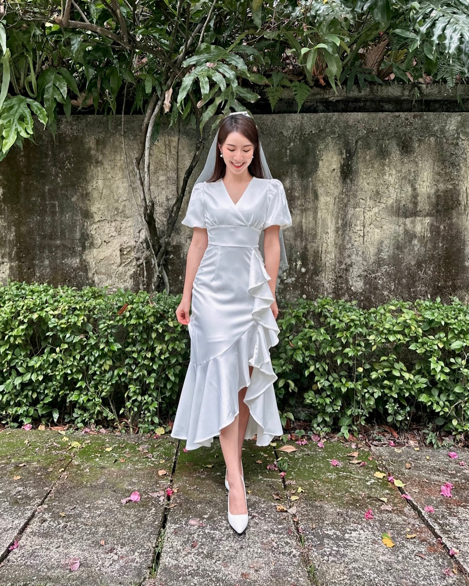 Puffy Sleeve V Ruffles Maxi Dress (SM)
