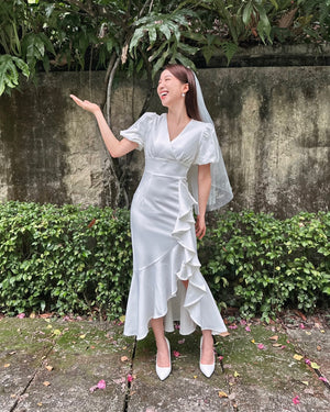 Puffy Sleeve V Ruffles Maxi Dress (SM)
