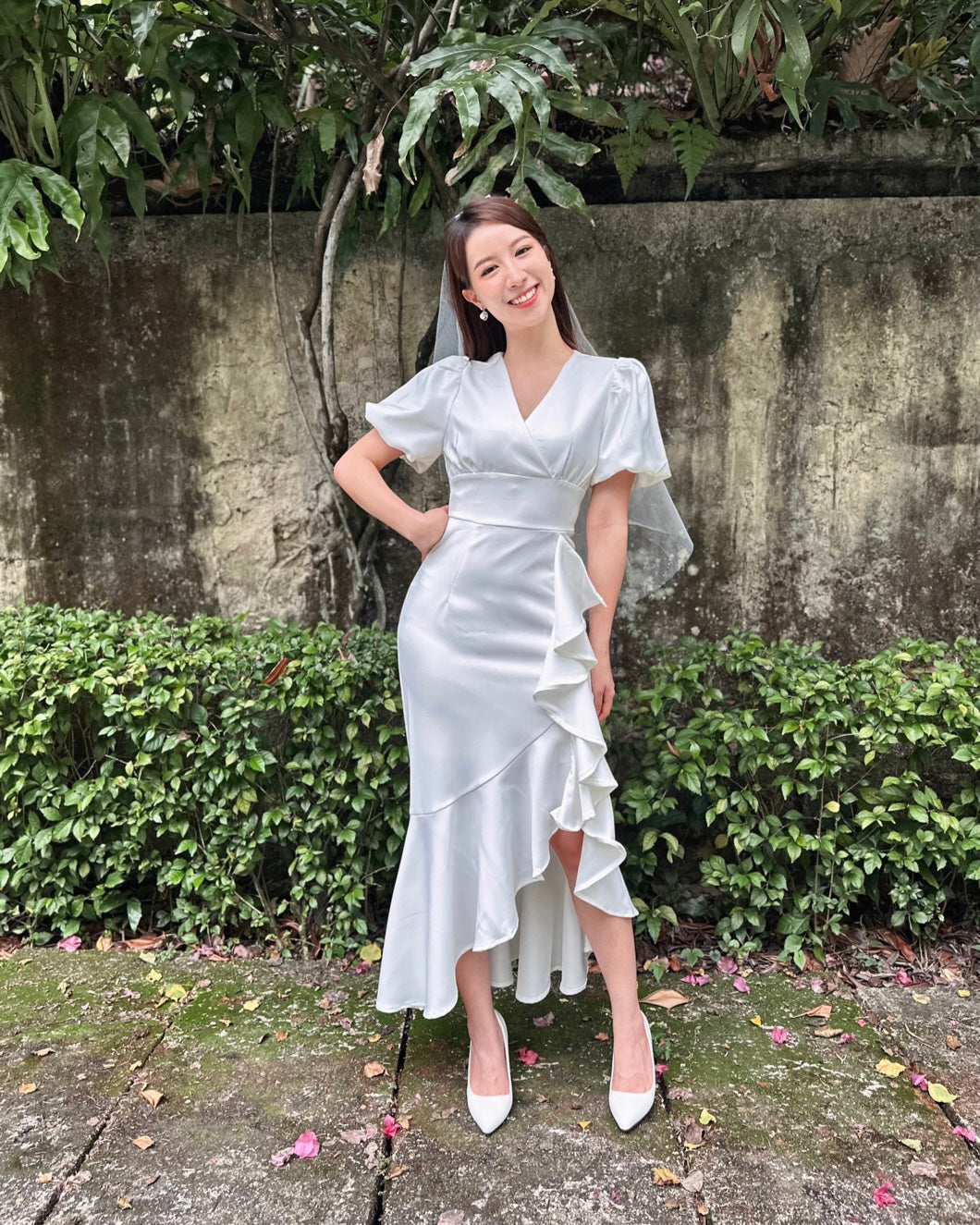 Puffy Sleeve V Ruffles Maxi Dress (SM)