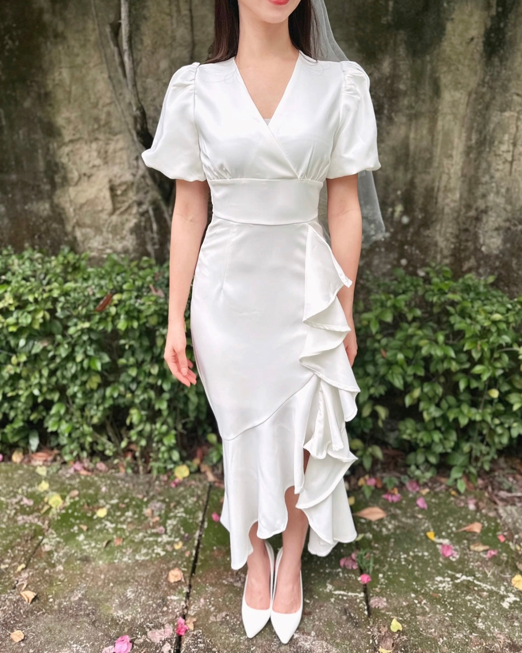 Puffy Sleeve V Ruffles Maxi Dress (SM)
