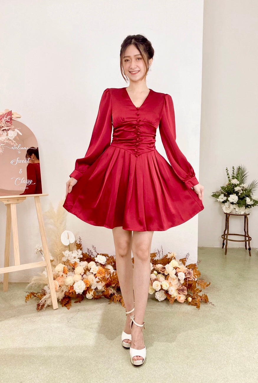 Satin Long Sleeve Buttons Mini Dress MAROON (S)