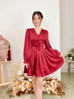 Satin Long Sleeve Buttons Mini Dress WHITE/ MAROON (S, L)