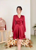 Satin Long Sleeve Buttons Mini Dress WHITE/ MAROON (S, L)