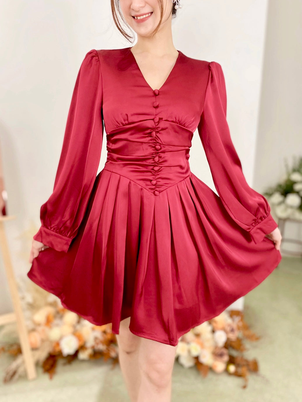 Satin Long Sleeve Buttons Mini Dress WHITE/ MAROON (S-XL)