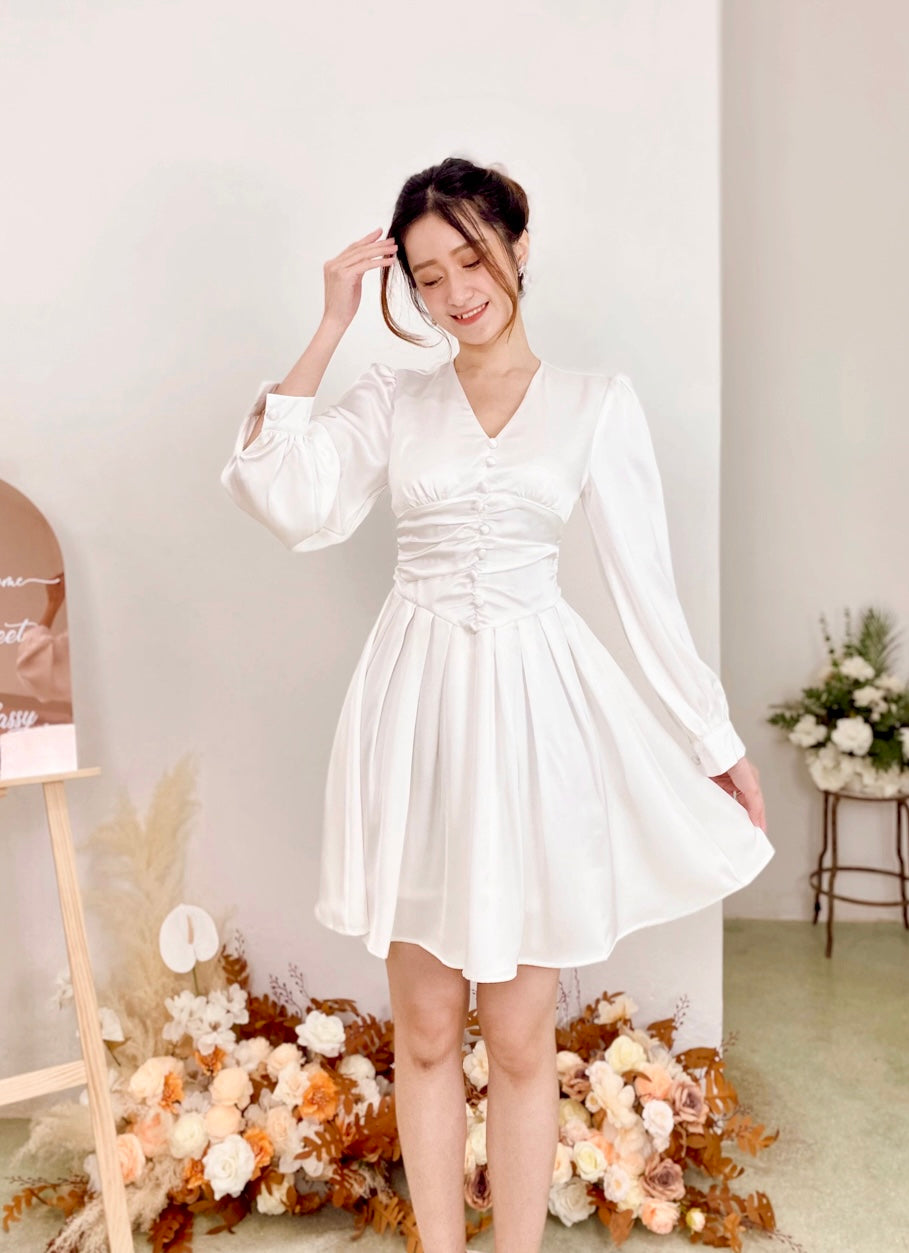 Satin Long Sleeve Buttons Mini Dress WHITE/ MAROON (S-XL)