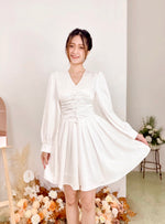 Satin Long Sleeve Buttons Mini Dress WHITE/ MAROON (S, L)