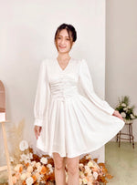 Satin Long Sleeve Buttons Mini Dress WHITE/ MAROON (S-XL)