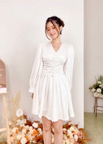 Satin Long Sleeve Buttons Mini Dress WHITE/ MAROON (S, L)