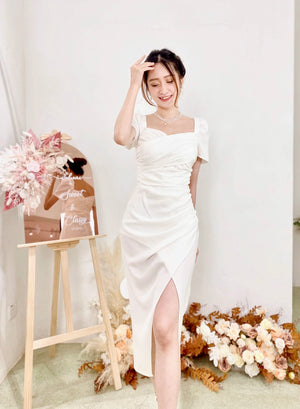 Sweetheart Pleats Slit Design Midi Dress WHITE/ MAROON (S-L)
