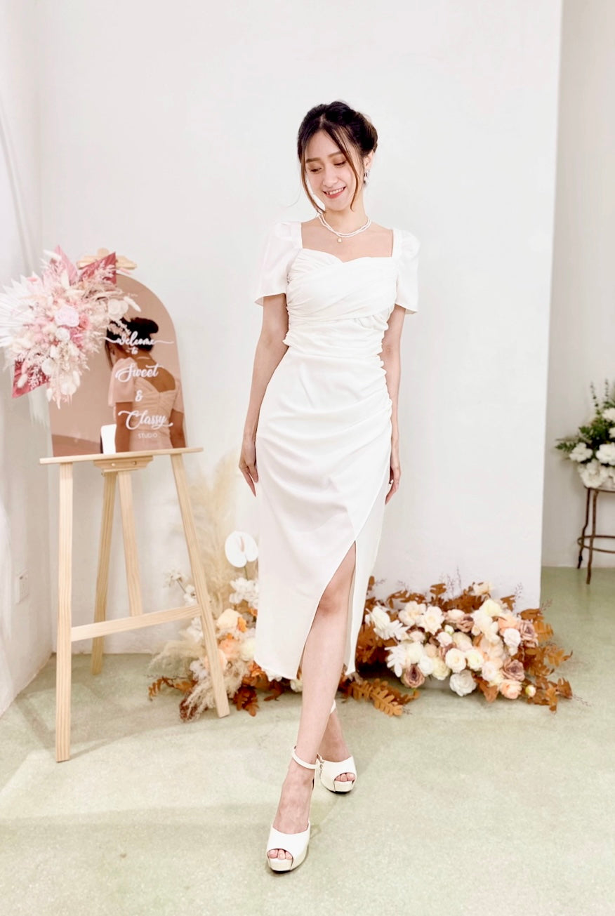 Sweetheart Pleats Slit Design Midi Dress WHITE/ MAROON (S-L)
