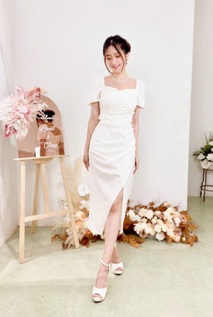 Sweetheart Pleats Slit Design Midi Dress WHITE/ MAROON (S)