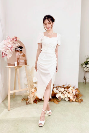 Sweetheart Pleats Slit Design Midi Dress WHITE/ MAROON (S-L)