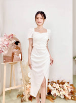Sweetheart Pleats Slit Design Midi Dress WHITE/ MAROON (S-L)
