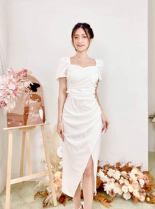 Sweetheart Pleats Slit Design Midi Dress WHITE/ MAROON (S-L)