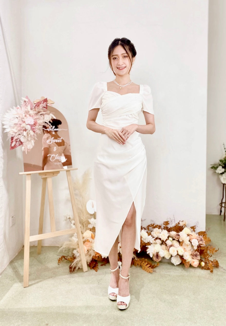 Sweetheart Pleats Slit Design Midi Dress WHITE/ MAROON (S-L)
