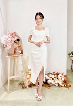 Sweetheart Pleats Slit Design Midi Dress WHITE/ MAROON (S-L)