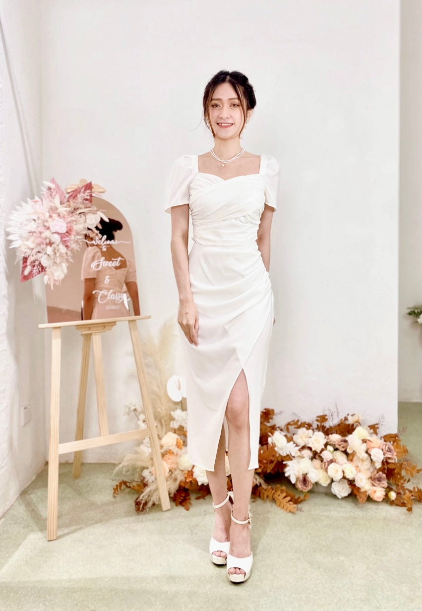 Sweetheart Pleats Slit Design Midi Dress WHITE/ MAROON (S-L)