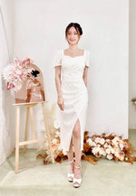 Sweetheart Pleats Slit Design Midi Dress WHITE/ MAROON (S-L)