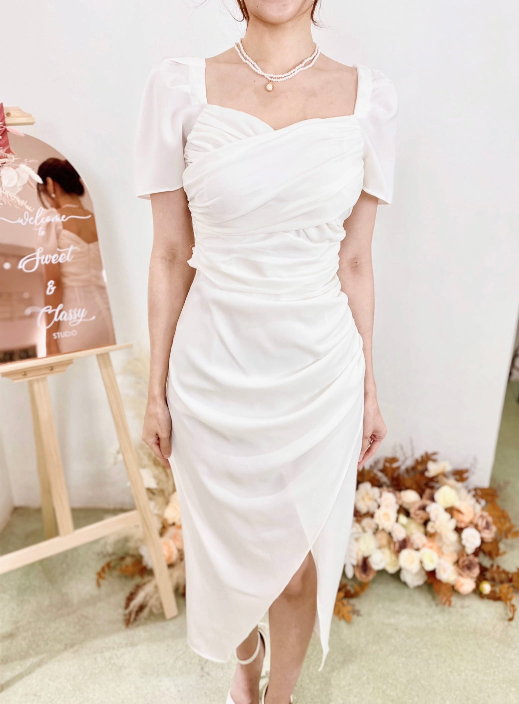 Sweetheart Pleats Slit Design Midi Dress WHITE/ MAROON (S-L)