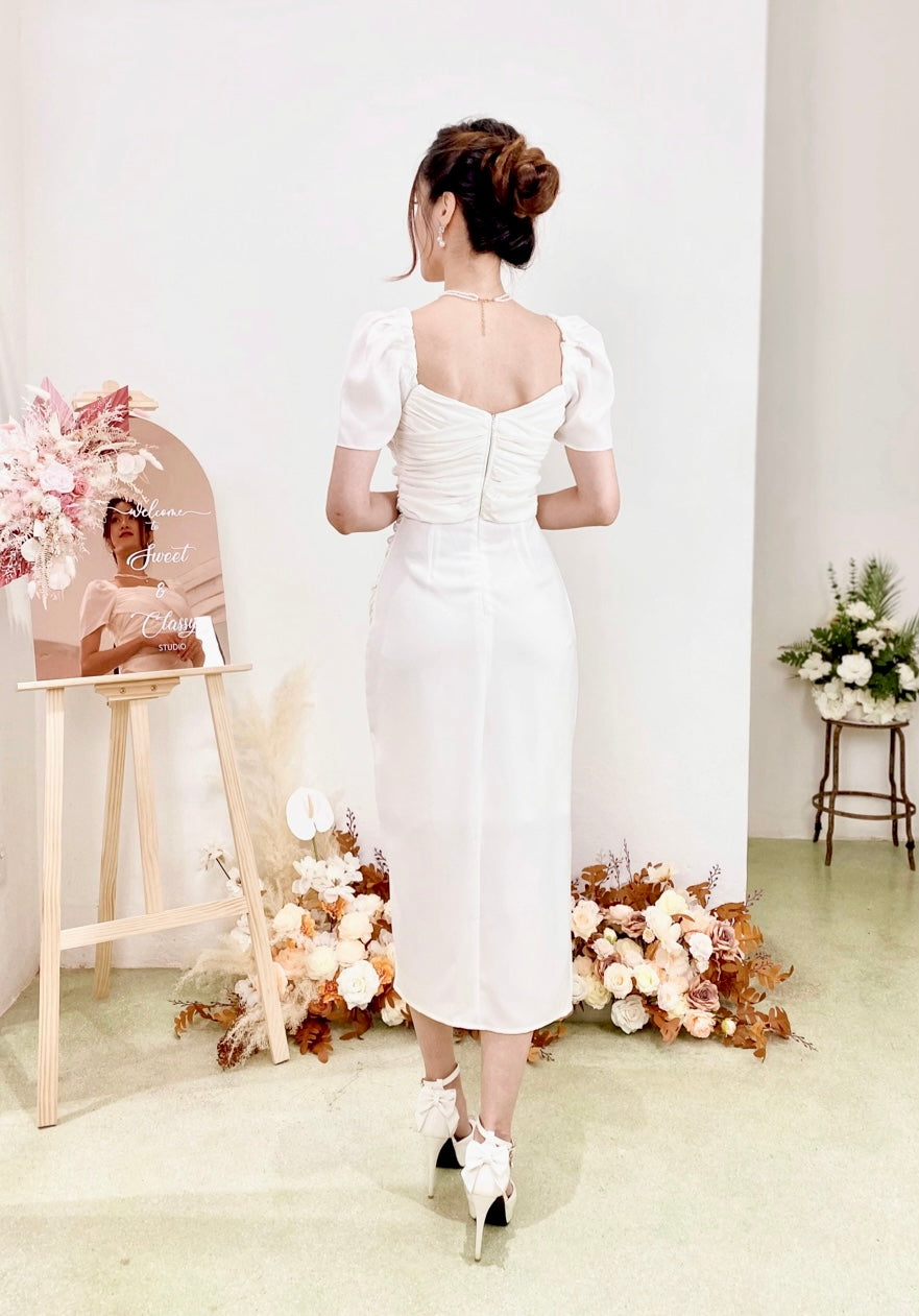 Sweetheart Pleats Slit Design Midi Dress WHITE/ MAROON (S)