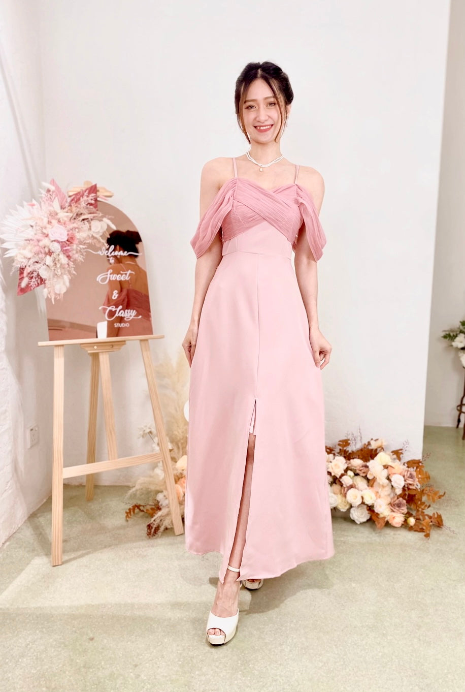 Sweetheart Mesh Cold Shoulder Maxi Gown PINK (S-L)