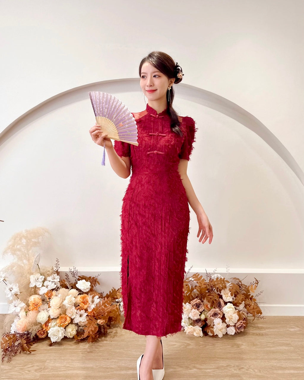 Furry Lace Mesh Shoulder Cheongsam WINE RED (S)