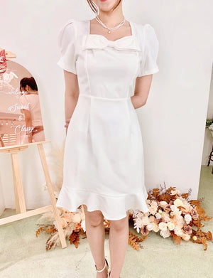 Square Neck Bow Design Mini Dress WHITE (S-XL)