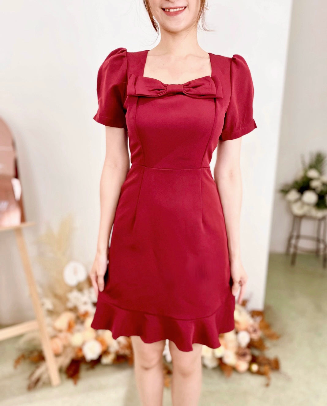 Square Neck Bow Design Mini Dress PINK/ MAROON (M, XL)