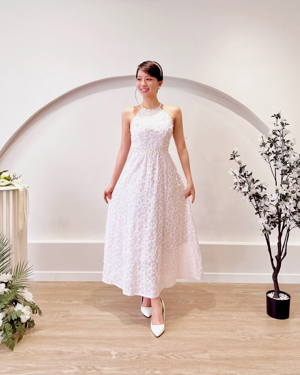 3D Floral Embroidery Halter Maxi Gown LIGHT YELLOW/ LIGHT PINK (S-L)