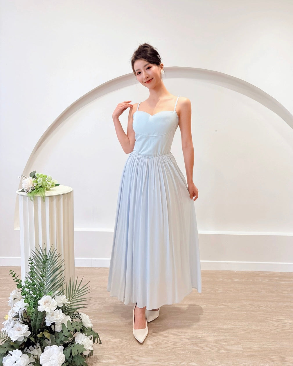 Spaghetti Straps Flare Maxi Dress WHITE/ BABY BLUE (SM)