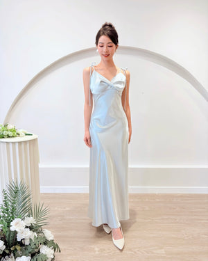 Satin Spaghetti Straps Maxi Gown PEARL WHITE/ BABY BLUE (S-L)