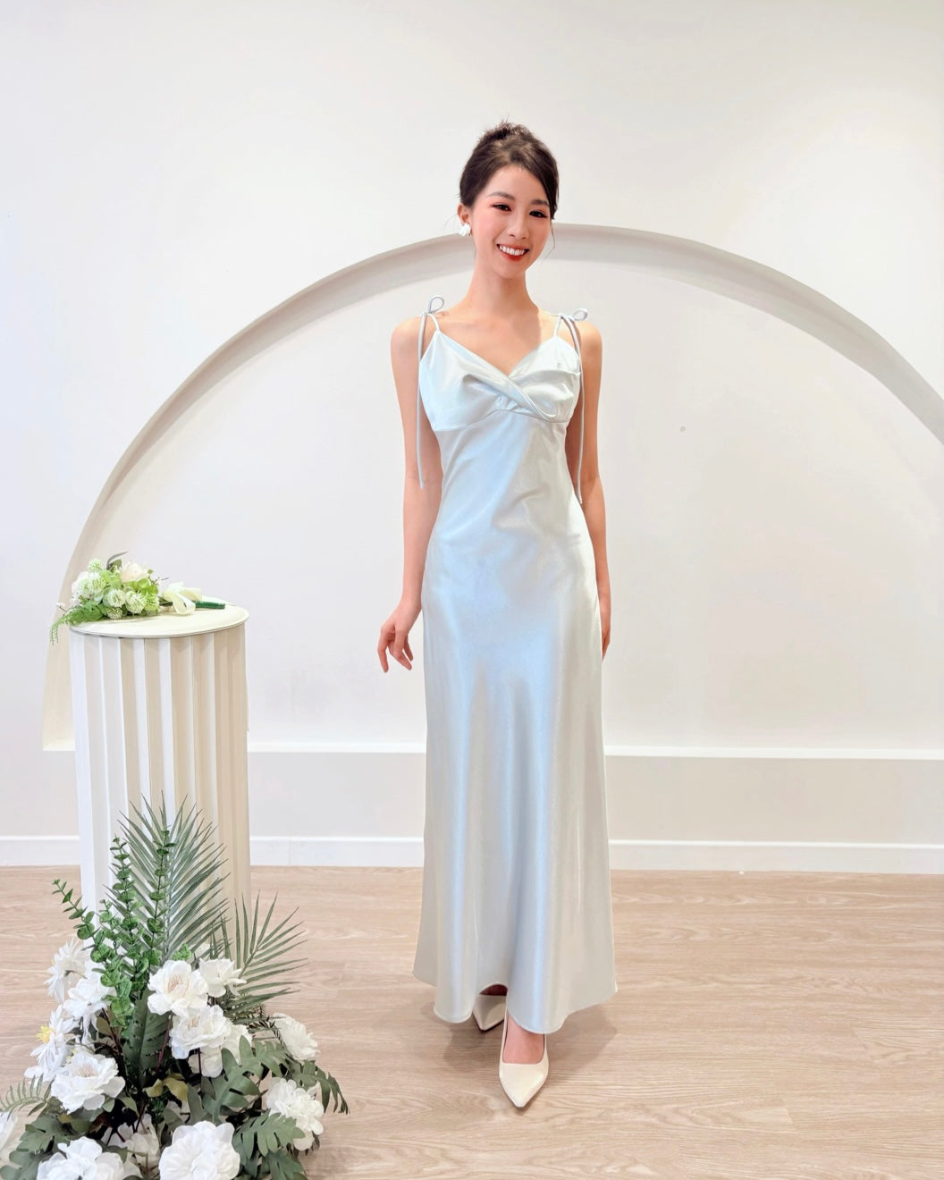 Satin Spaghetti Straps Maxi Gown PEARL WHITE/ BABY BLUE (S-L)
