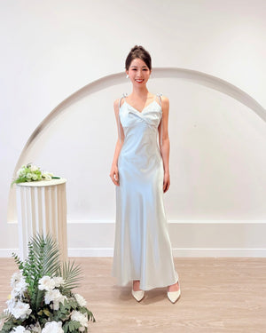 Satin Spaghetti Straps Maxi Gown PEARL WHITE/ BABY BLUE (S-L)