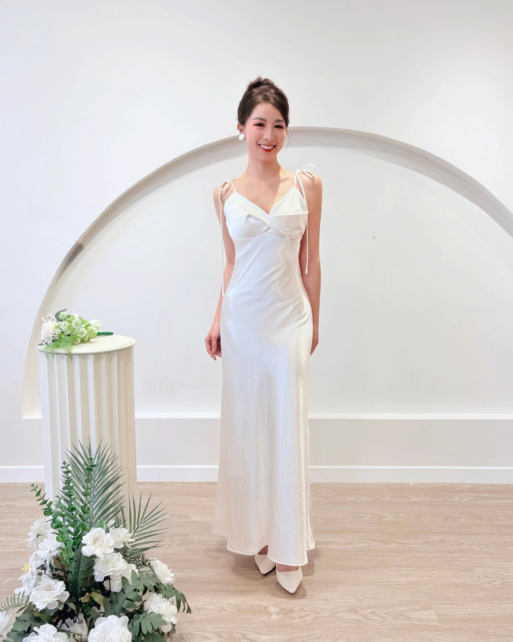 Satin Spaghetti Straps Maxi Gown PEARL WHITE/ BABY BLUE (S-L)
