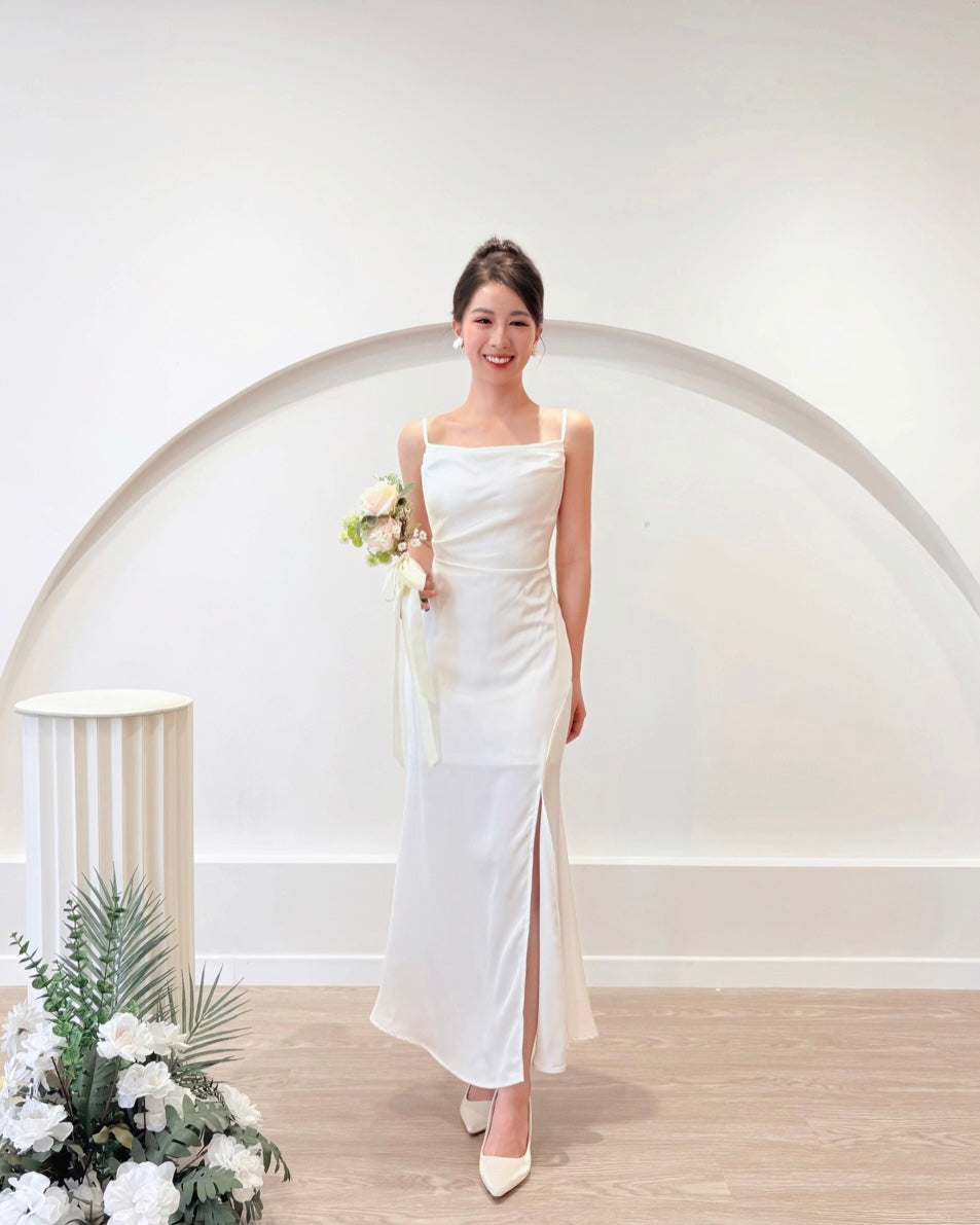 *S&C Made* Spaghetti Straps Satin Pleats Maxi Dress WHITE (XS-L)