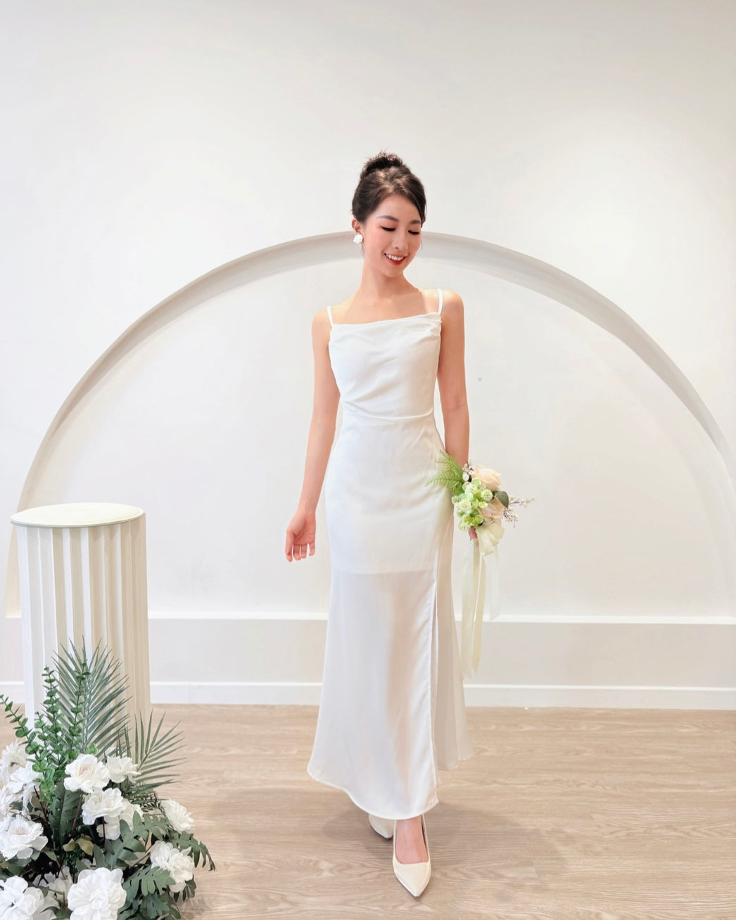 *S&C Made* Spaghetti Straps Satin Pleats Maxi Dress WHITE (XS-L)