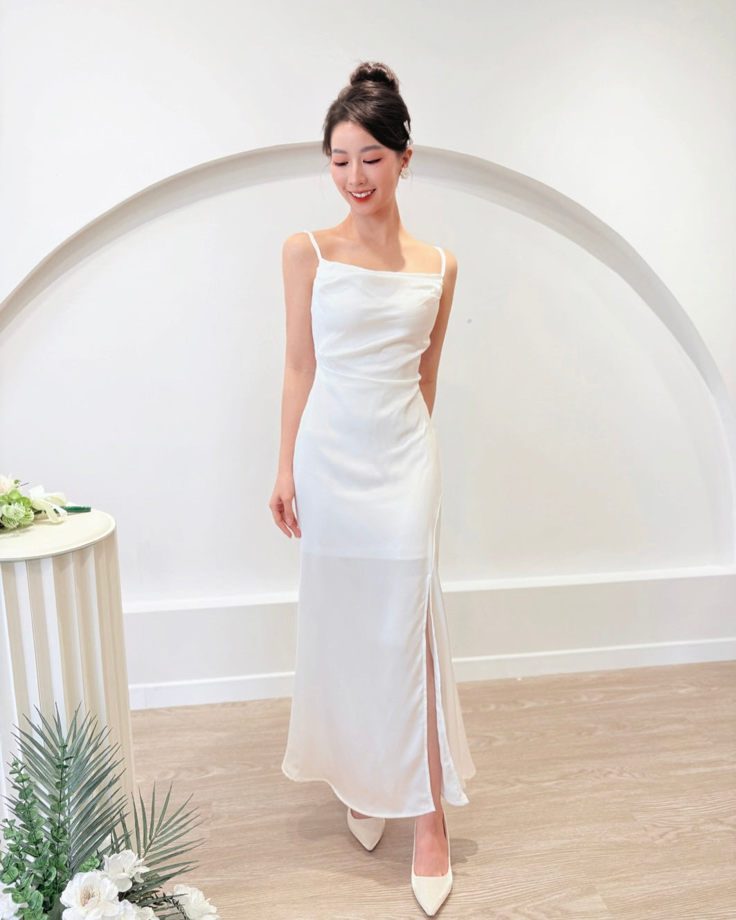 *S&C Made* Spaghetti Straps Satin Pleats Maxi Dress WHITE (XS-L)