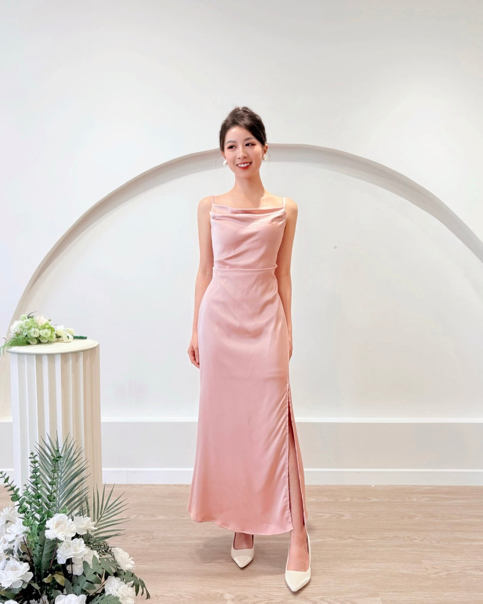 *S&C Made* Spaghetti Straps Satin Pleats Maxi Dress PINK (S-L)