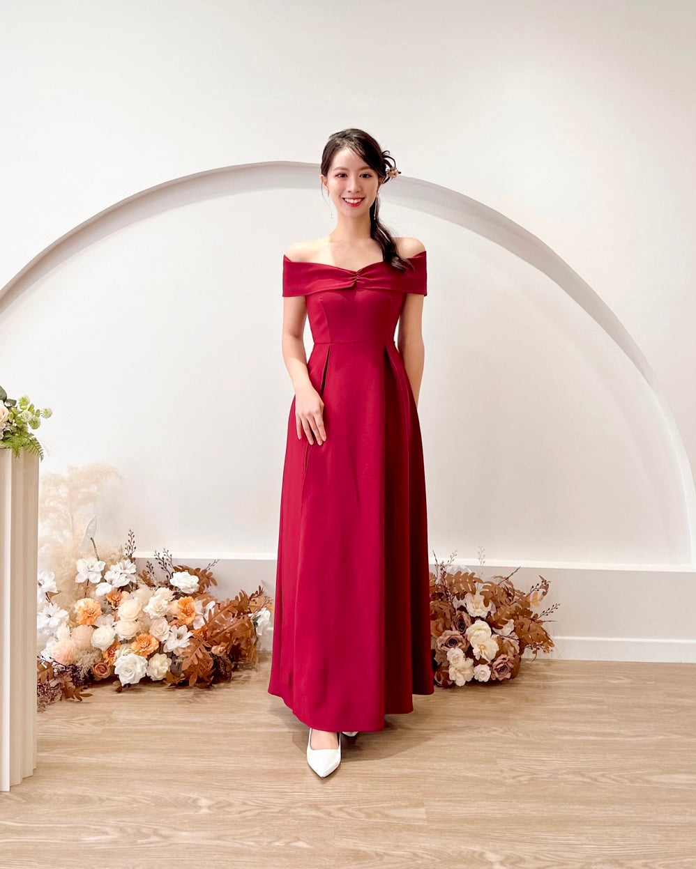 *PLUS SIZE* Bow Design Off Shoulder Slit Maxi Gown MAROON (S-XL)