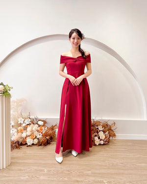 *PLUS SIZE* Bow Design Off Shoulder Slit Maxi Gown MAROON (S-XL)