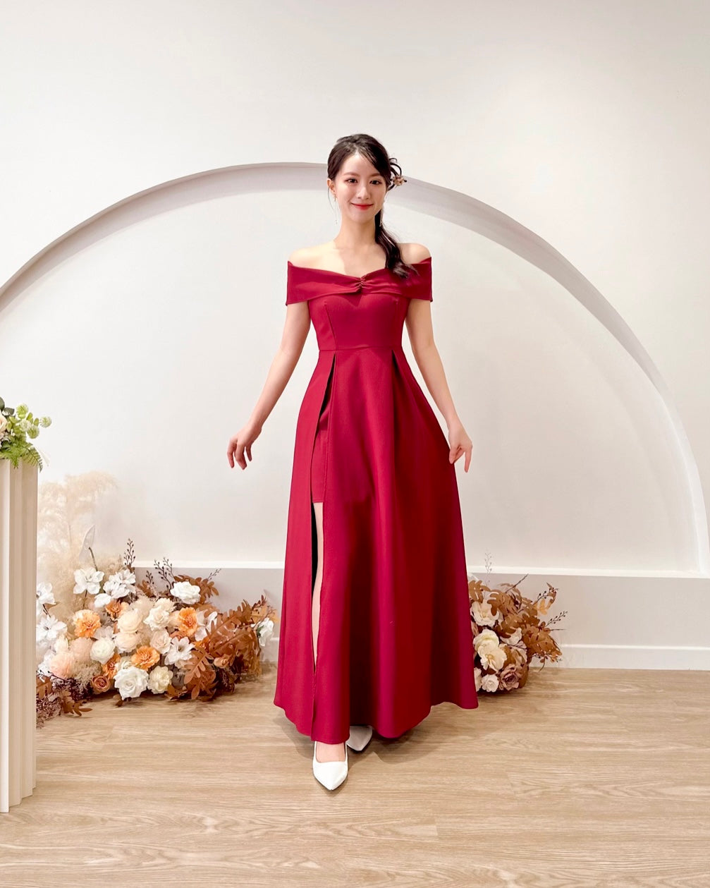 *PLUS SIZE* Bow Design Off Shoulder Slit Maxi Gown MAROON (S-XL)