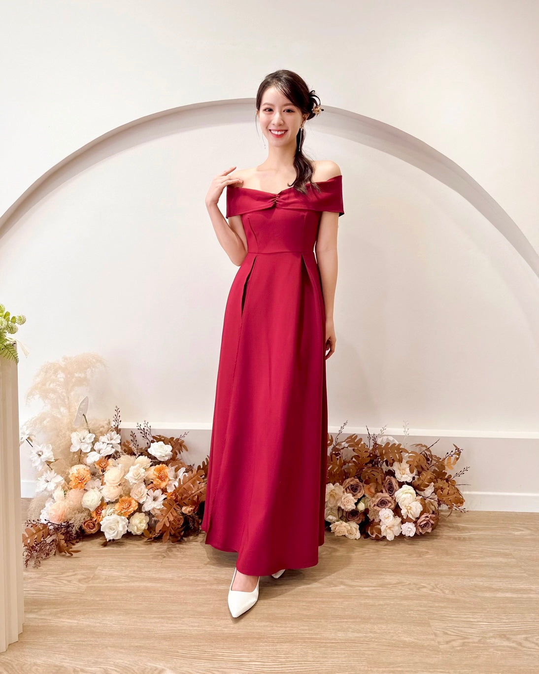 *PLUS SIZE* Bow Design Off Shoulder Slit Maxi Gown MAROON (S-XL)