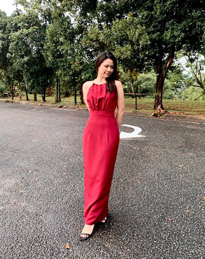 Halter Chain Design Long Dress  WHITE/ MAROON (S-L)