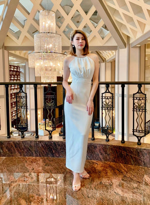 Halter Chain Design Long Dress  WHITE/ MAROON (S-L)