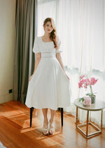 Square Neck Detailed Waist Flare Dress WHITE (SM)