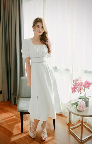 Square Neck Detailed Waist Flare Dress WHITE (SM)