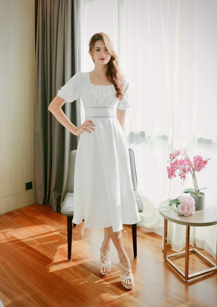 Square Neck Detailed Waist Flare Dress WHITE (S)
